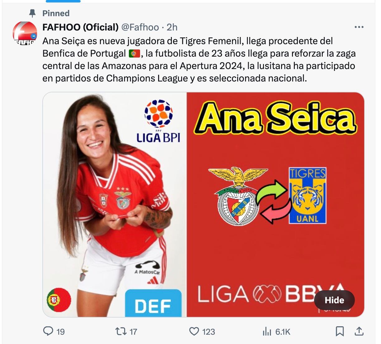 Ana Seiça, posible refuerzo de Tigres Femenil.