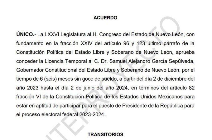 Samuel García obtiene licencia como gobernador de Nuevo León, pero no le gusta su reemplazo