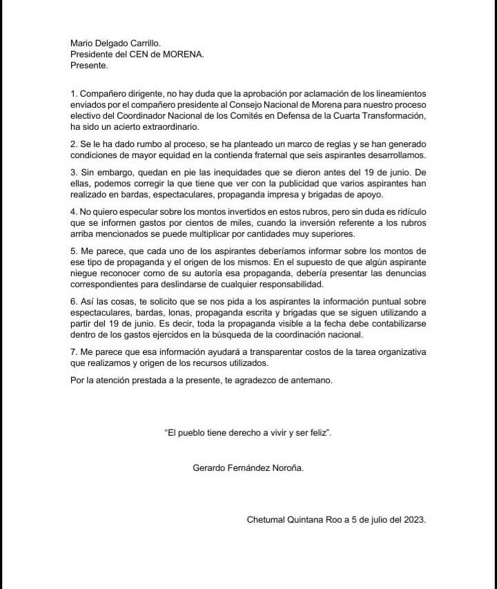 Carta de Gerardo Fernández Noroña a Mario Delgado