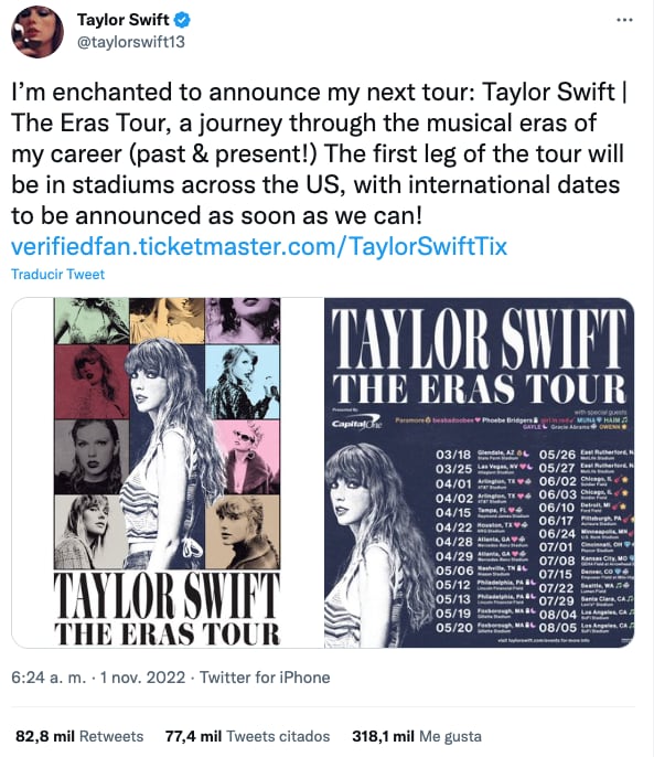 Taylor Swift anuncia su gira The Eras Tour