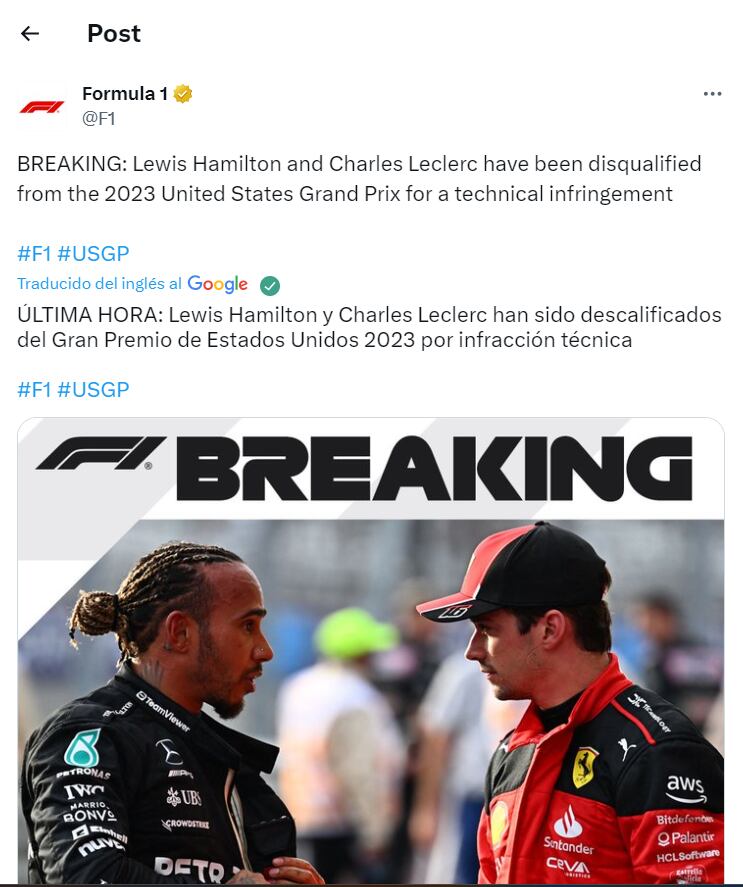 Hamilton y Lecrerc descalificados del GP de Estados Unidos