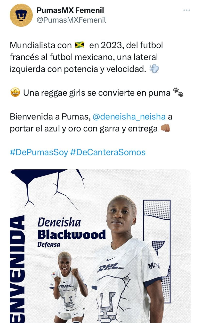 Club Pumas sumó a sus filas a Deneisha Blackwood para el Apertura 2023.