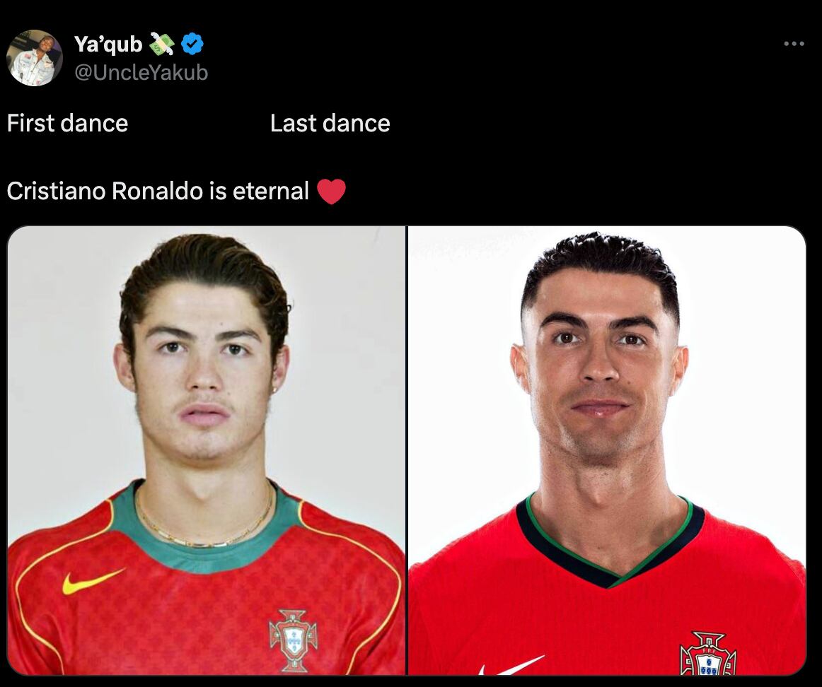 Cristiano Ronaldo en 2004 y 2024 con Portugal