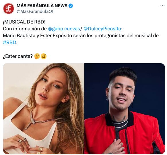 ¿Mario Bautista y Ester Expósito son los protagonistas del musical de RBD?