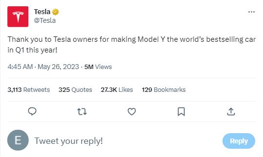 Tuit de Tesla celebrando que su Model Y es el más vendido en México