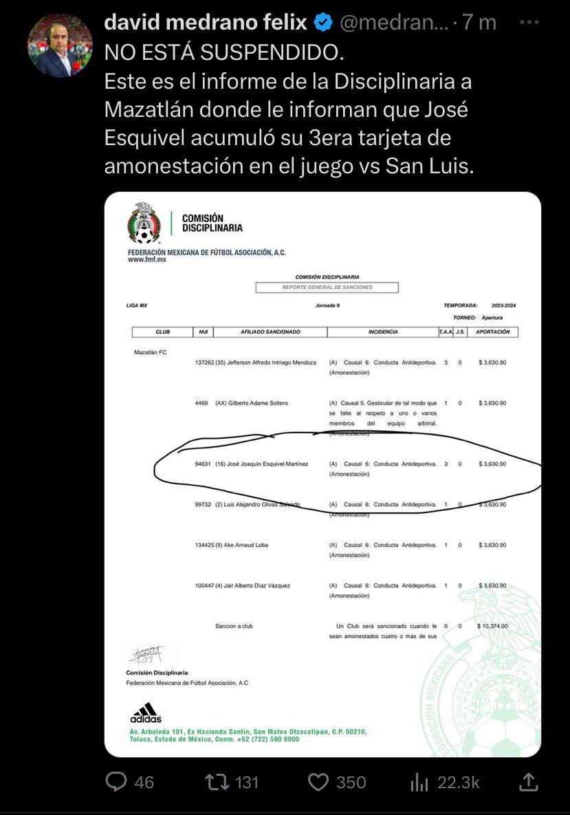 La FMF le habría notificado al Mazatlán FC que José Esquivel sí podía estar habilitado para el juego ante el Club Chivas.