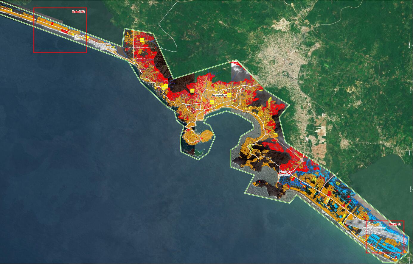Mapa de las zonas dañadas en Acapulco y las costas cercanas, tras Otis