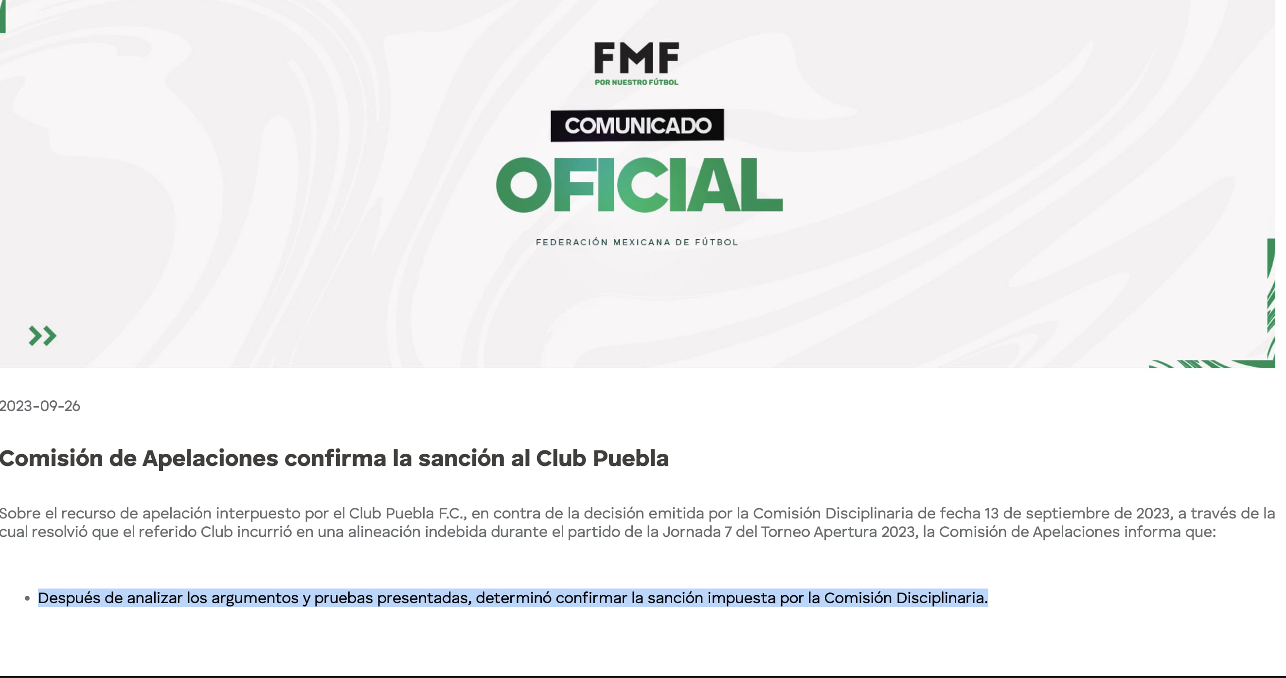 Comisión de Apelaciones Club Puebla