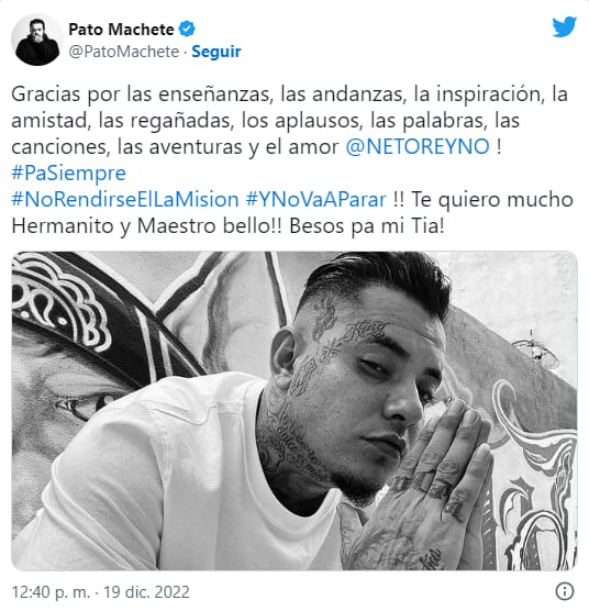 Tuit de Pato Machete lamentando la muerte de Neto Reyno