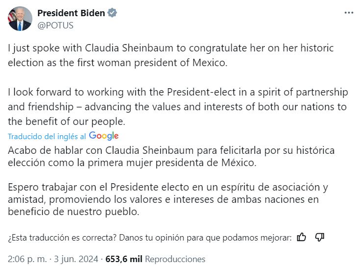 Joe Biden tomó la iniciativa de llamar a Claudia Sheinbaum por su triunfo en las elecciones 2024 México