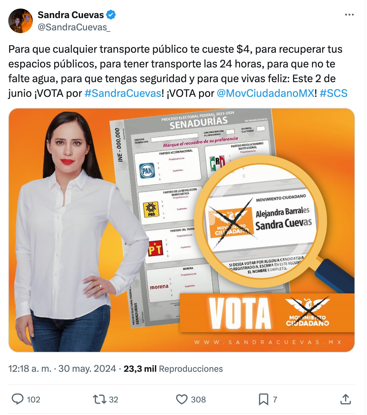 Sandra Cuevas rompe veda electoral con post en sus redes sociales