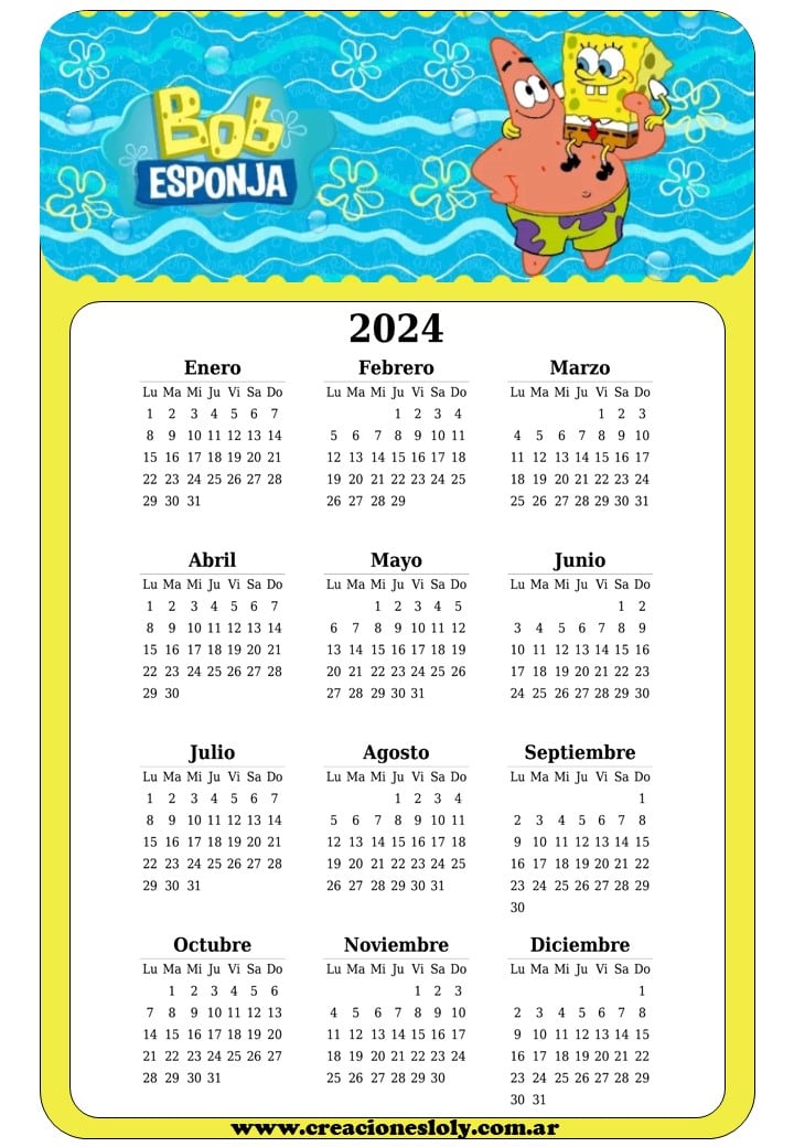 Calendario de Bob Esponja 2024: Plantilla para editar e imprimir
